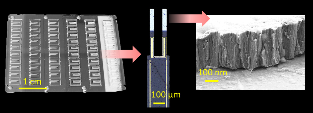 Micro magnétomètre résonant: réalisé par usinage collectif sur wafer (à gauche), il s’agit d’un résonateur (diapason), avec ses électrodes d’actionnement (au milieu), au bout duquel est déposée une couche mince de matériauferromagnétique (à droite)