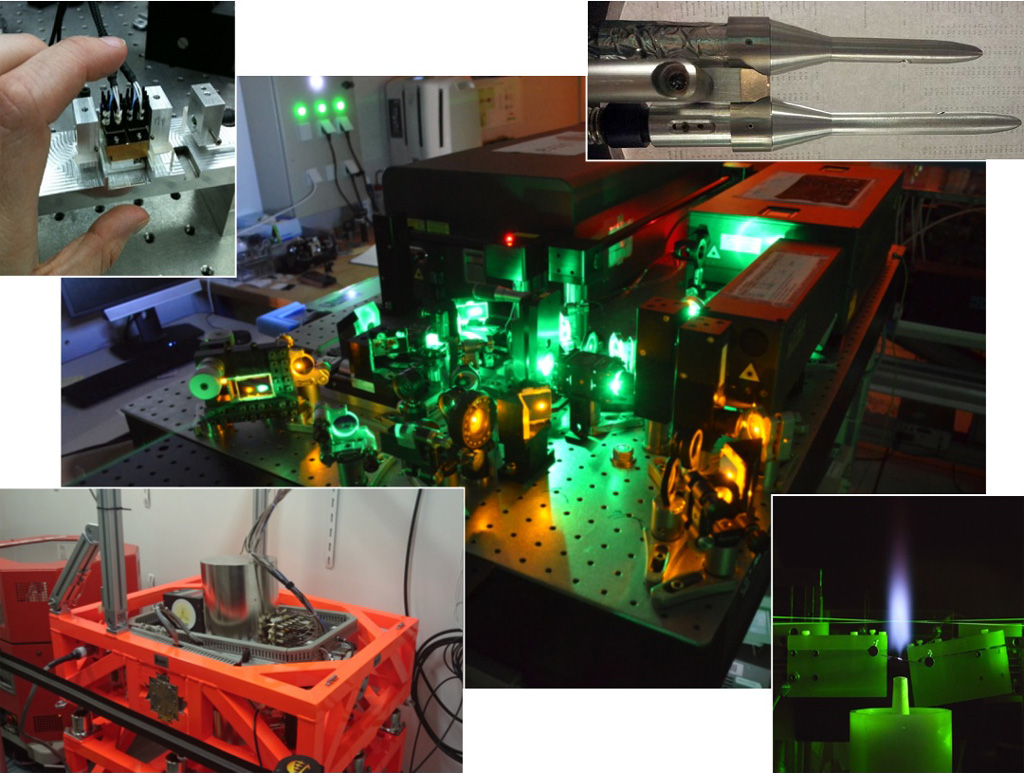  Développements de systèmes de métrologie laser : Oscillateur Paramétrique Optique pour la détection de gaz, sonde multi-paramètres d'absorption laser, prototype de gravimètre atomique marin, et mesure Raman de température dans une flamme.
